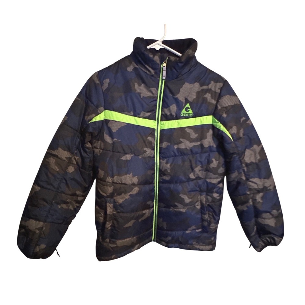 Gerry Boys Camo Puffer Jacket Blue Grey Lime Green Winter Coat Size L 14/16